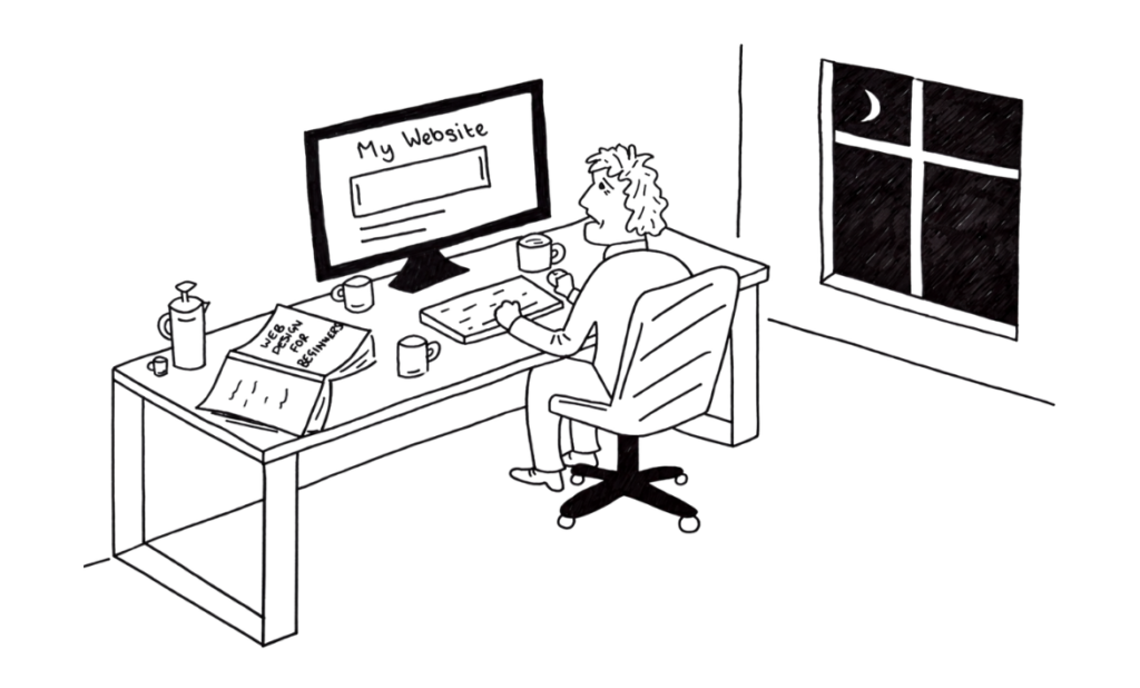 Cartoon of man sitting at desk creating a website.